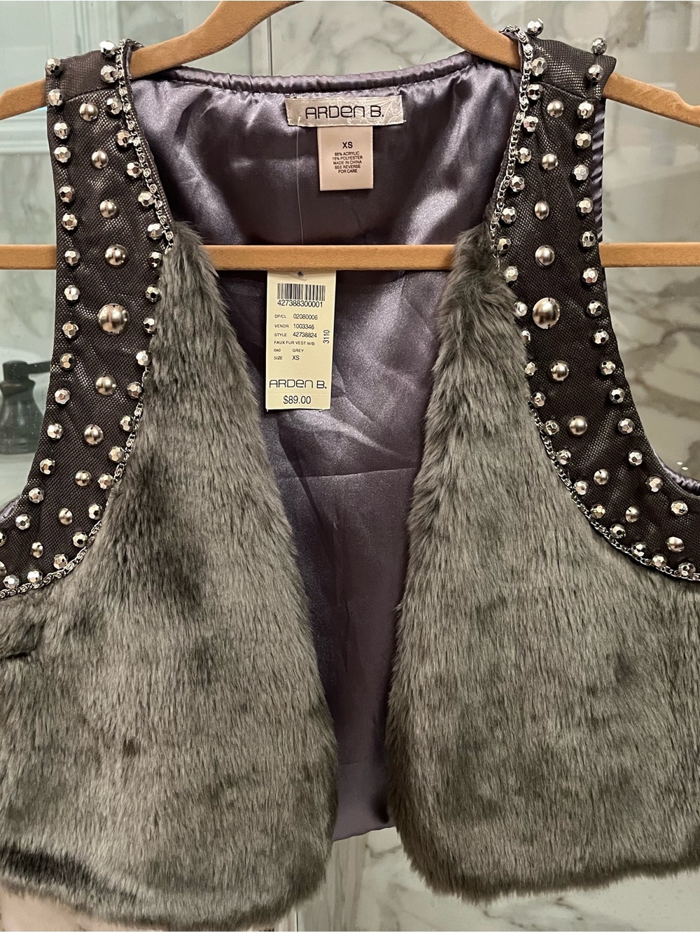 Arden B Gray Faux Fur Studded Vest with Metallic Accents